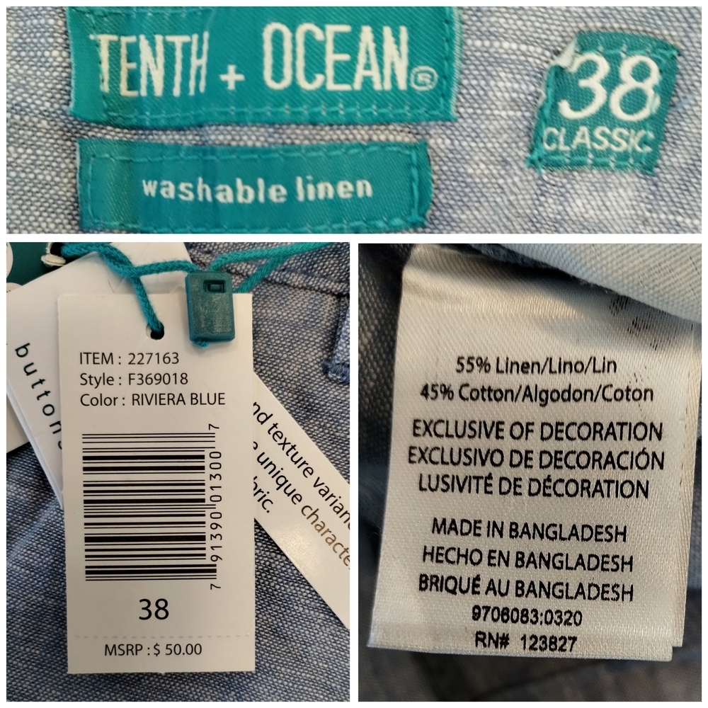 NWT Tenth + Ocean Riviera Blue Linen Cotton Flat Front Shorts 38 Classic - Picture 5 of 6